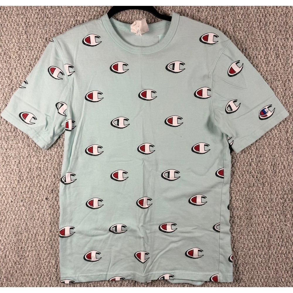 Champion Heritage Logo T-Shirt Small Blue Short Sleeve All Over Print Tee